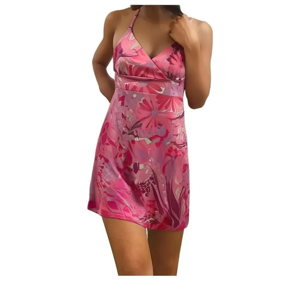 90s Y2K Vintage Express Women's 4 Floral Pink Spaghetti Strap Sundress Dress - Picture 1 of 4